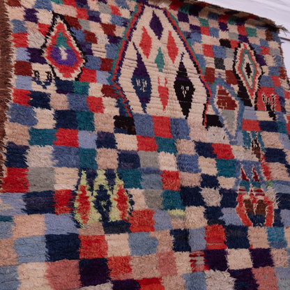 Vintage Bjaad Moroccan Rug - Handwoven Berber Wool Carpet - Geometric Tribal Checkerboard & Diamond Pattern - Authentic Handmade Boho Rug