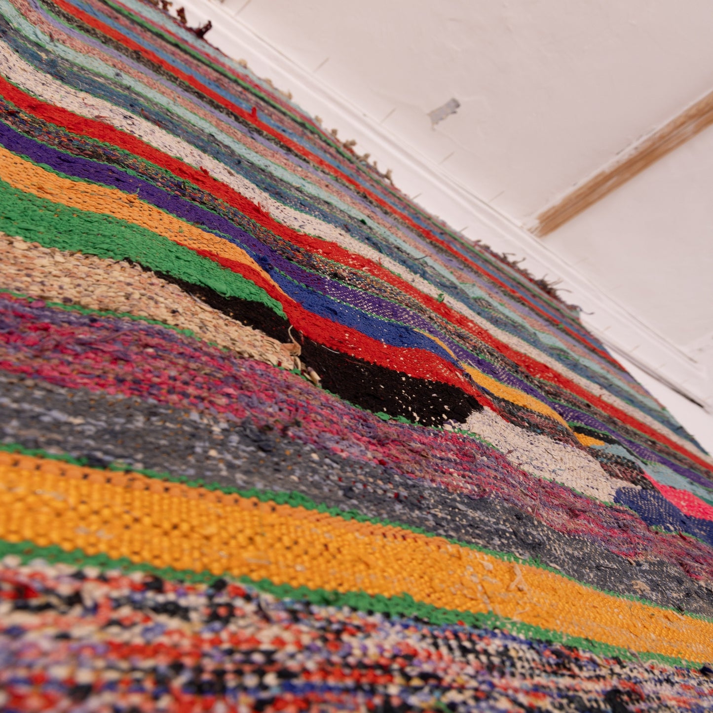Vintage Moroccan Boucherouite Rug – Handwoven Berber Carpet with Bold Stripes & Abstract Design