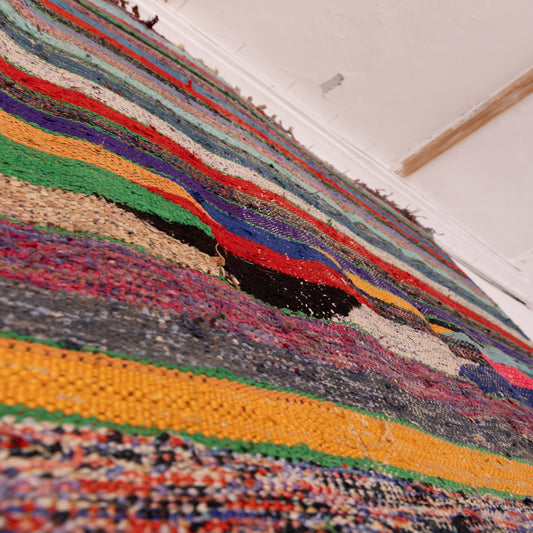 Vintage Moroccan Boucherouite Rug – Handwoven Berber Carpet with Bold Stripes & Abstract Design