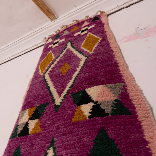Vintage Moroccan Corridor Runner Rug - Handwoven Wool Carpet - Vibrant Geometric Diamond Design - Purple, Green, Yellow & Red