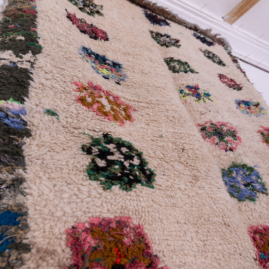 Playful Vintage Boucherouite Rug - Colorful Floral Dot Pattern on Neutral Wool