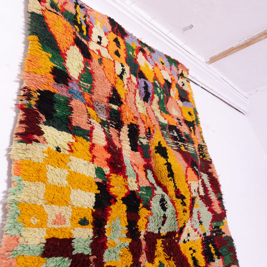 Vintage Moroccan Boucherouite Rug – Colorful Handwoven Berber Carpet – Upcycled Fabric Art Piece