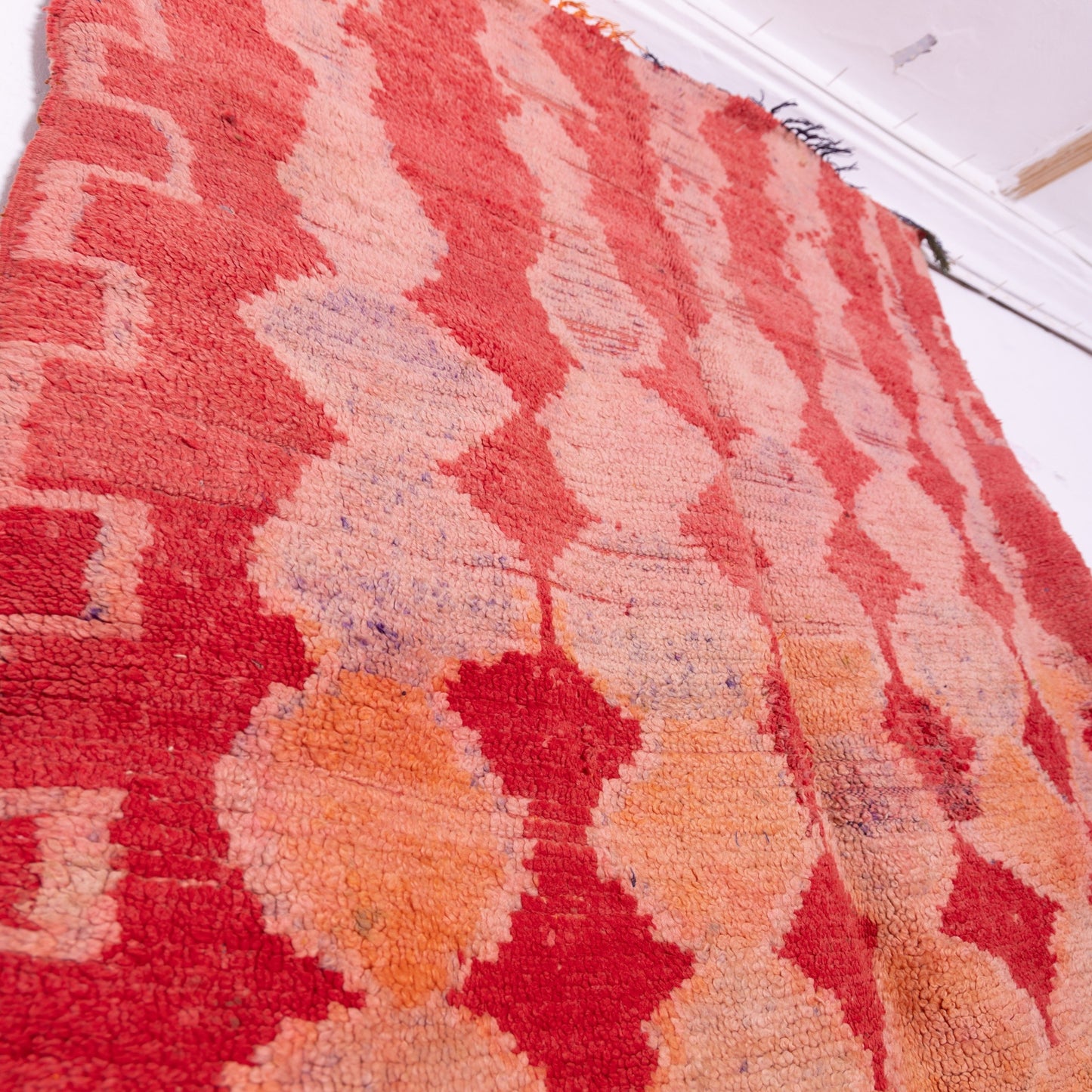 Vintage Moroccan Bjaad Rug – Handwoven Wool Rug in Fiery Red & Earthy Orange with Geometric Berber Patterns