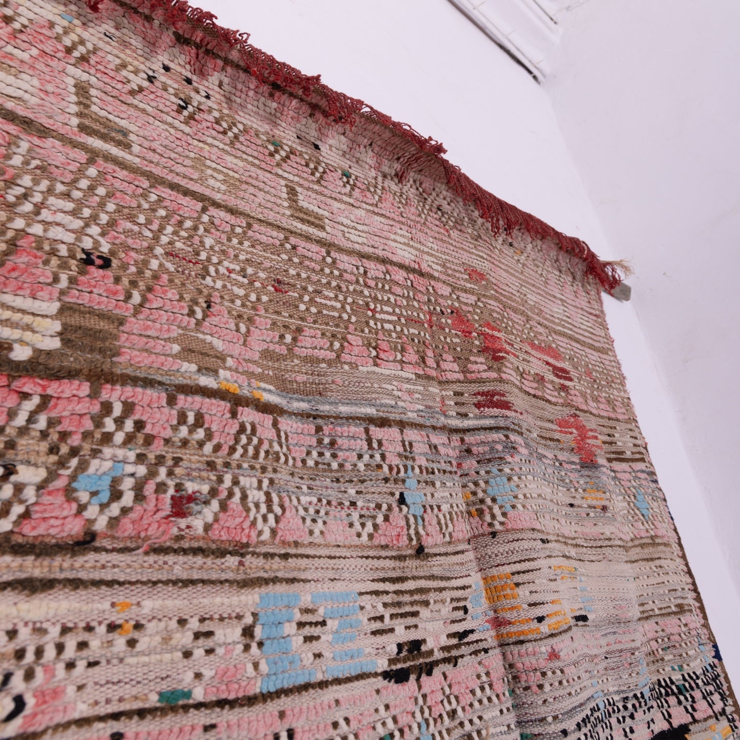 Vintage Azilal Rug - Faded Tribal Symphony in Soft Pink, Rust & Teal - Moroccan Handwoven Wool Art
