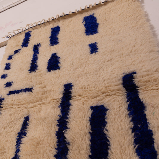 Minimalist Blue Azilal Rug - Handwoven Moroccan Wool & Cotton Carpet - Small Boho Wall Hanging or Accent Rug