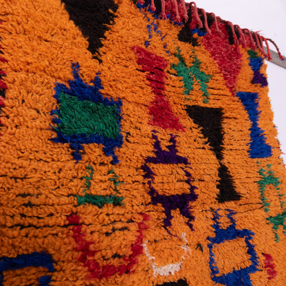 Vintage Orange Azilal Rug - Moroccan Berber Wool Carpet - Bold Tribal Pattern in Red, Green, and Black