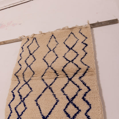 New Handmade Azilal Wool Rug - Diamond Pattern in Blue on Cream - Modern Moroccan Decor