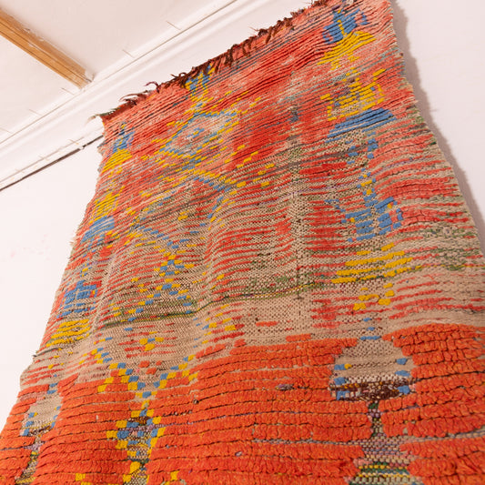 Vintage Moroccan Handwoven Runner Rug - Orange with Geometric Diamond & Colorful Accents - Wool & Cotton - 80% Wool 20% Cotton