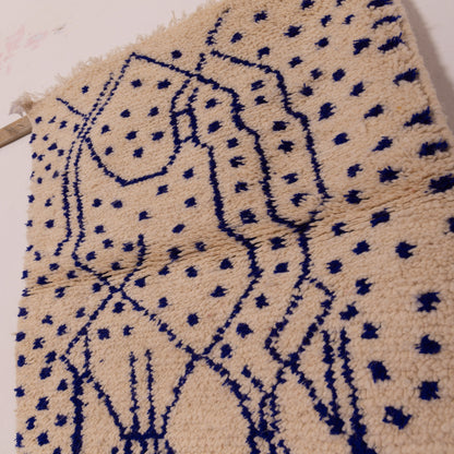 New Handmade Azilal Wool Rug - Abstract Blue Tribal Design on Cream - Moroccan Tribal Wall Hanging or Floor Decor