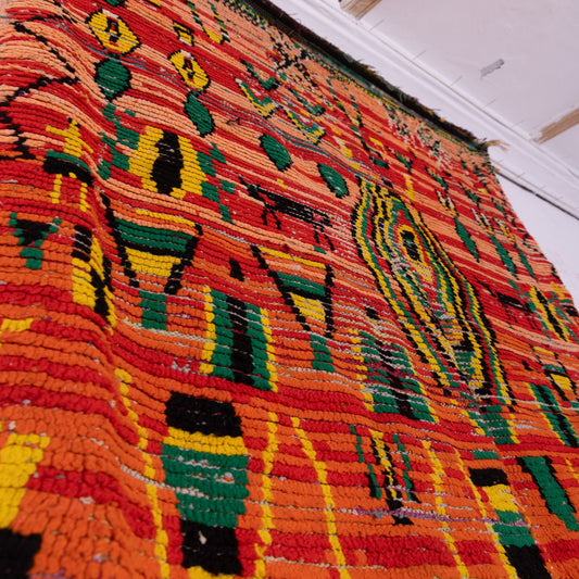 Vintage Moroccan Boujad Rug – Bold Geometric Patterns in Red, Green & Yellow – Handwoven Berber Wool
