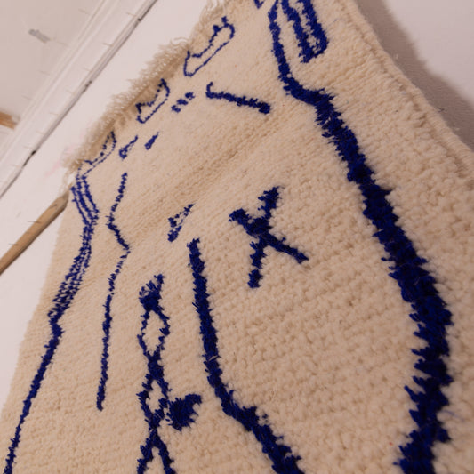 New Handmade Azilal Wool Rug - Blue Abstract Moroccan Symbols on Cream - Modern Tribal Decor for Wall or Floor