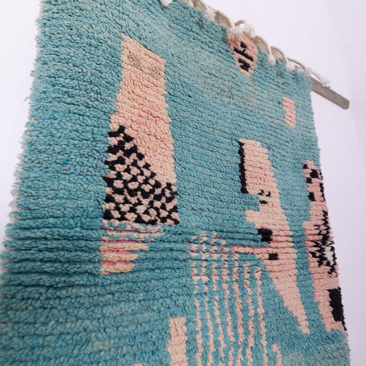 Handmade Boujad Moroccan Rug – Small Abstract Berber Art – Wool Wall Hanging – Pink & Teal Minimalist Tribal Design – Boho Home Decor