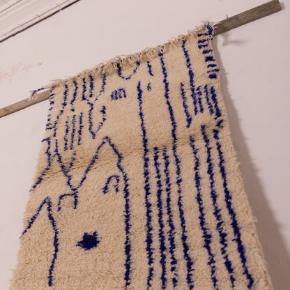 New Handmade Azilal Wool Rug - Abstract Blue Moroccan Design on Cream - Modern Tribal Wall Art or Floor Rug
