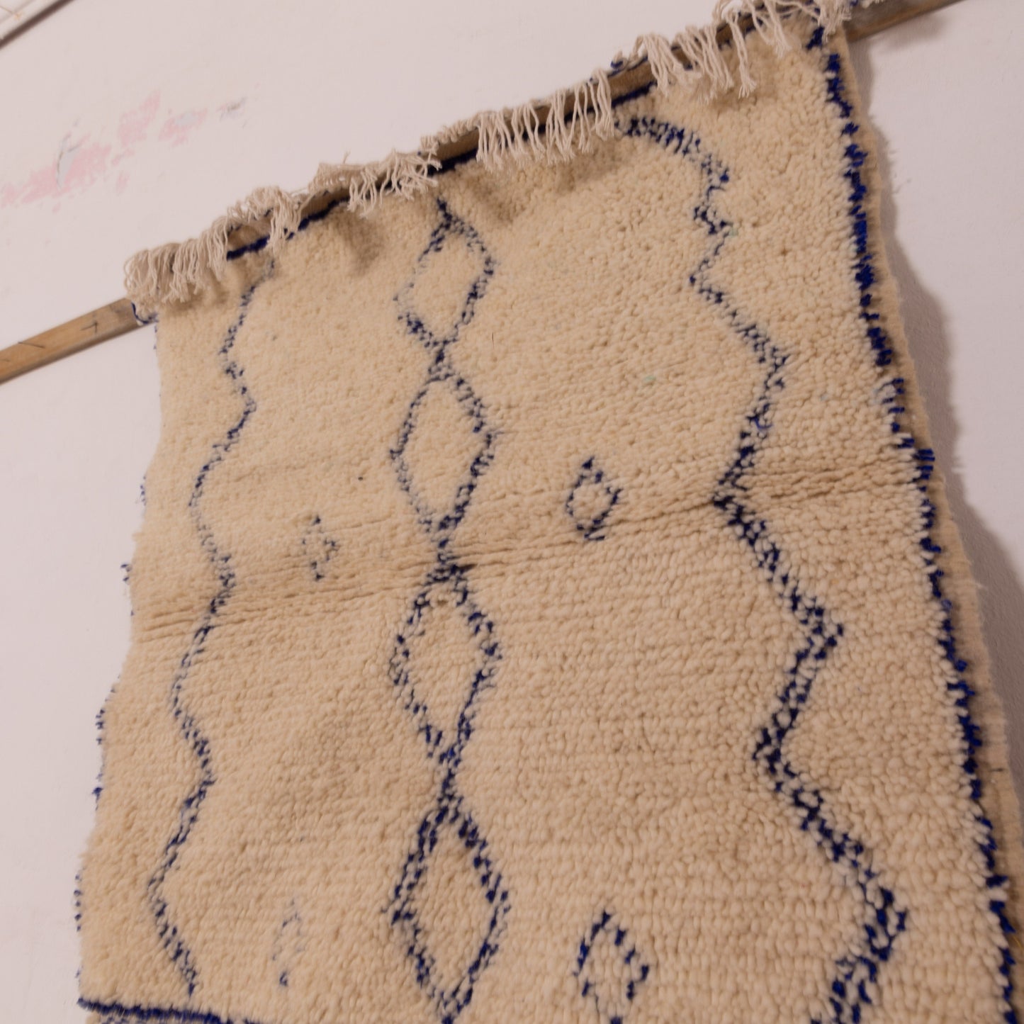 New Handmade Azilal Wool Rug - Blue Diamond Shapes on Neutral Cream - Moroccan Tribal Art for Floor or Wall