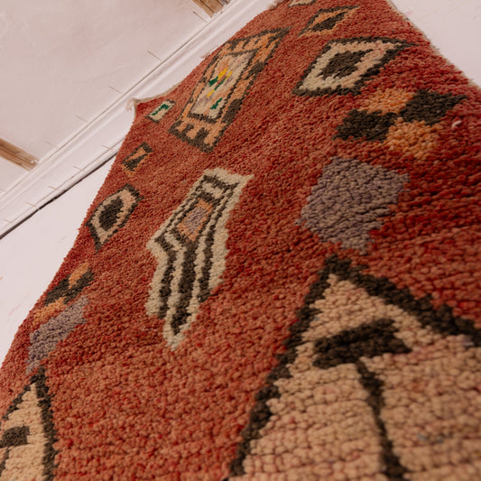 Vintage Moroccan Corridor Runner Rug - Handwoven Wool Carpet - Red Geometric Diamond Design