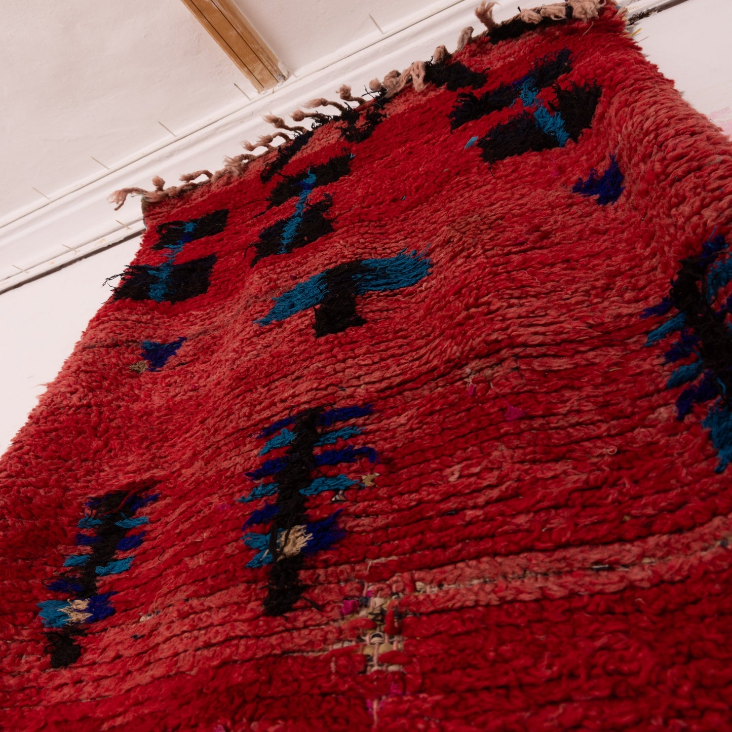 Handwoven Moroccan Wool Runner Rug - Abstract Geometric Design - Red, Blue & Black - 80% Wool 20% Cotton - Vintage