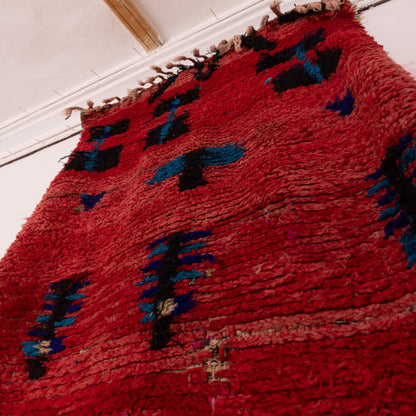 Handwoven Moroccan Wool Runner Rug - Abstract Geometric Design - Red, Blue & Black - 80% Wool 20% Cotton - Vintage