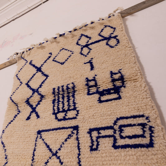 New Handmade Azilal Wool Rug - Abstract Blue Moroccan Symbols on Cream - Modern Tribal Wall or Floor Decor