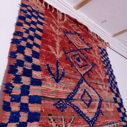 Vintage Moroccan Boujad Rug – Handwoven Wool Berber Carpet – Red & Blue Geometric Tribal Rug