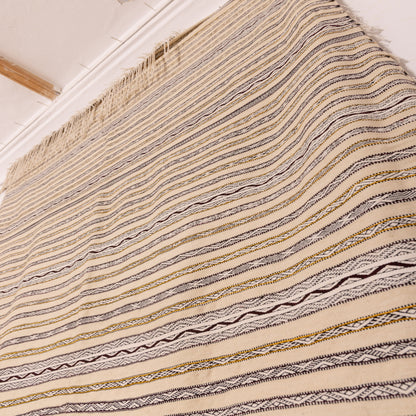 Handwoven Moroccan Handira Kilim | Vintage Berber Wool Blanket | Neutral Striped Boho Rug ; 7,38 ft / 5,09 ft