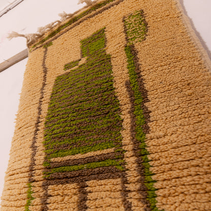 Handwoven Moroccan Wool Runner Rug - Abstract Geometric Design - Yellow & Green - 80% Wool 20% Cotton - Vintage