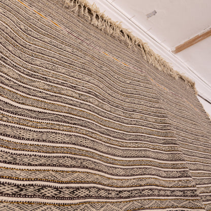 Large Vintage Moroccan Handira Wool Rug | Authentic Berber Striped Blanket | Handmade Tribal Textile ; 11,81 ft / 5,58 ft
