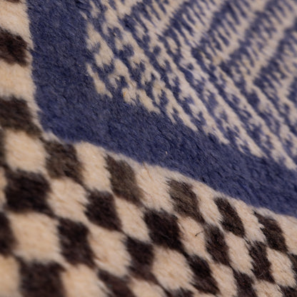 Handwoven Taznakht Moroccan Rug – 100% Wool Black & Beige Checkerboard with Intricate Blue Geometric Panels – Authentic Berber Craftsmanship ; 8,86 ft / 5,25 ft