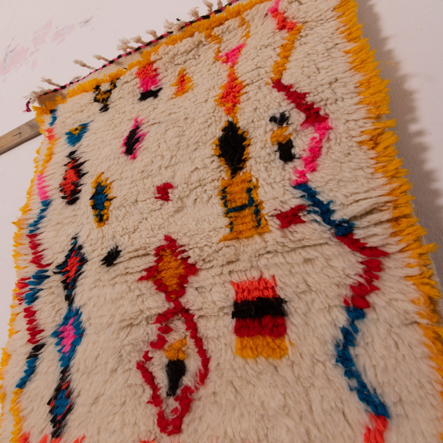 New Handmade Azilal Wool Rug - Vibrant Geometric Design with Yellow Border - Moroccan Tribal Decor for Wall or Floor