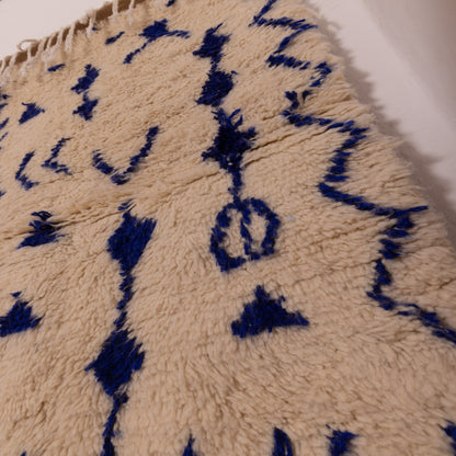 Blue Patterned Moroccan Azilal Rug - Handwoven Wool & Cotton Berber Wall Decor - Small Tribal Carpet