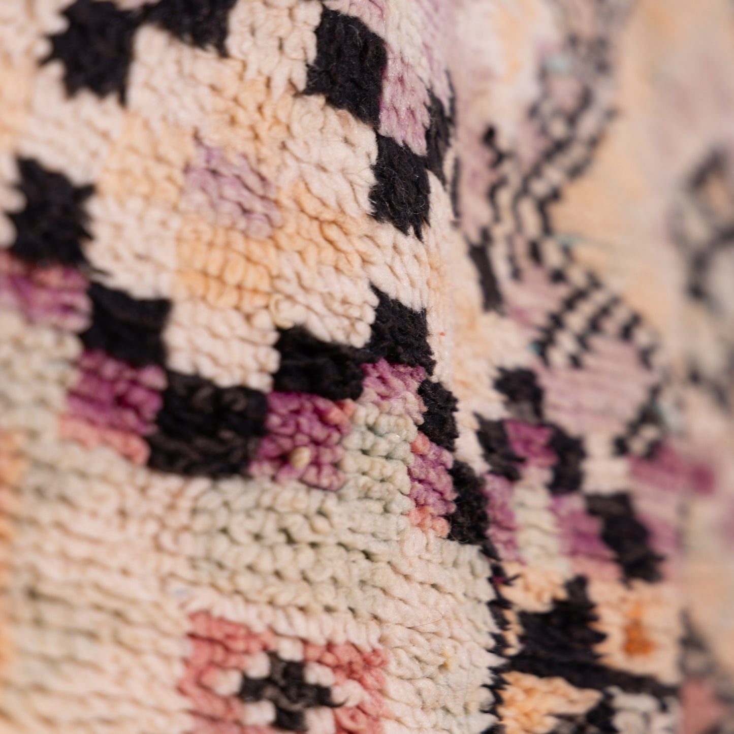 Vintage Moroccan Bjaad Rug – Handwoven Wool Rug with Geometric Berber Symbols in Muted Purple & Beige Tones