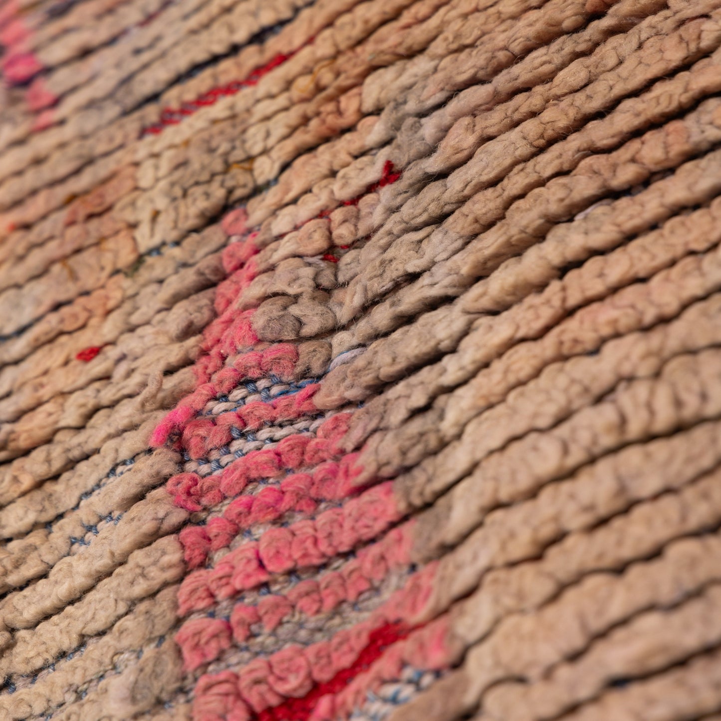 Vintage Moroccan Runner Rug - Handwoven Wool Carpet - Abstract Design in Earthy Tones with Pink & Red Accents