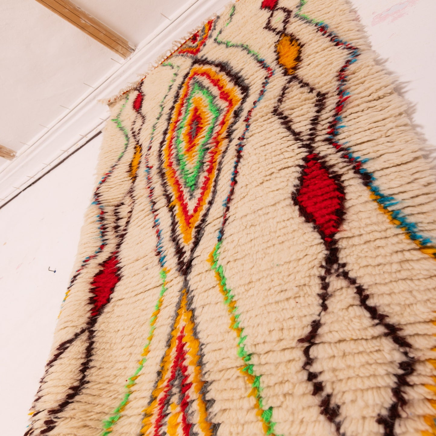 Handwoven Moroccan Wool Runner Rug - Geometric Diamond Pattern - Vibrant Red, Yellow, Green, and Orange - 80% Wool 20% Cotton