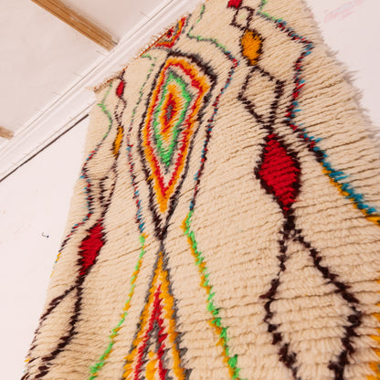 Handwoven Moroccan Wool Runner Rug - Geometric Diamond Pattern - Vibrant Red, Yellow, Green, and Orange - 80% Wool 20% Cotton