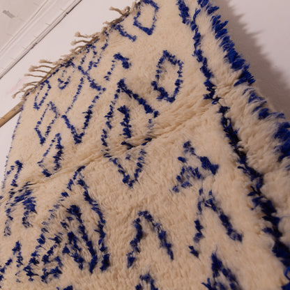 Blue Diamond Azilal Rug - Handwoven Wool & Cotton Moroccan Runner - Tribal Minimalist Berber Carpet