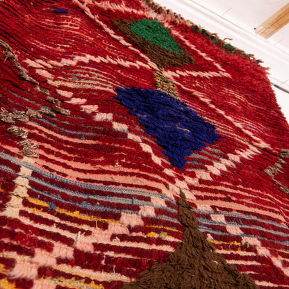Vintage Moroccan Runner Rug - Deep Red Handwoven Wool with Diamond Tribal Motifs