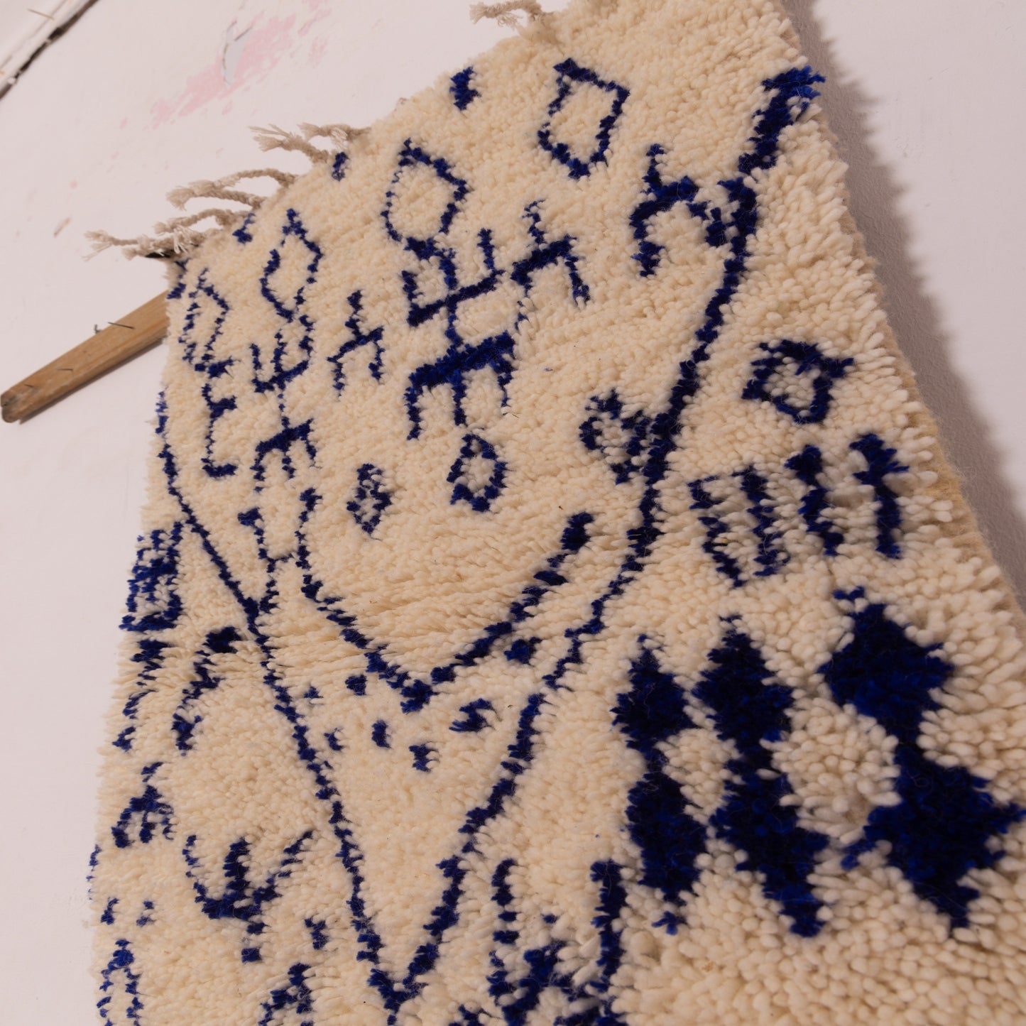 New Handmade Azilal Wool Rug - Tribal Symbols in Blue on Cream - Boho Moroccan Wall Art or Floor Decor