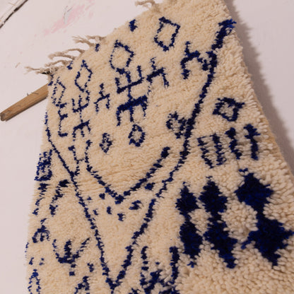 New Handmade Azilal Wool Rug - Tribal Symbols in Blue on Cream - Boho Moroccan Wall Art or Floor Decor