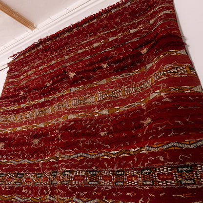 Vintage Moroccan Red Wool Rug | Handmade Berber Carpet with Tribal Embroidery ; 8,53 ft / 5,58 ft