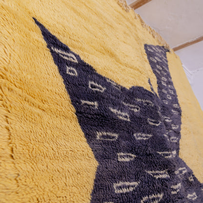 Handwoven Moroccan Mrirt Rug – Yellow & Black Artistic Berber Carpet with Abstract Figure Design