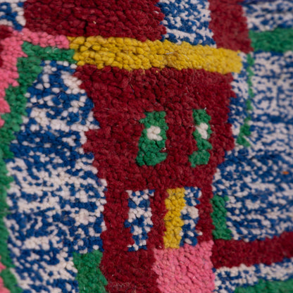 Bold Abstract Boujad Rug – New Moroccan Wool Rug – Pink, Yellow, Blue & Green Modern Art Design – Handmade Berber Textile Wall Hanging