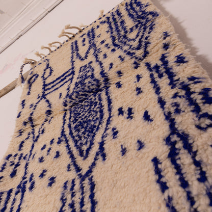 New Handmade Azilal Rug - Abstract Blue Berber Symbols on Cream - Modern Moroccan Tribal Wall Hanging or Floor Piece