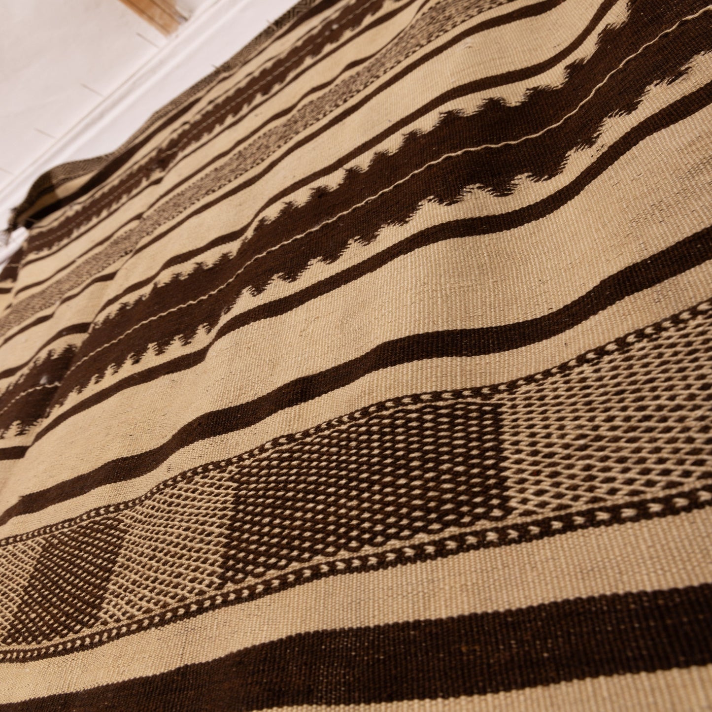 Vintage Moroccan Handwoven Wool Blanket | Berber Striped Throw | Nomadic Kilim Rug ; 11,98 ft / 4,43 ft