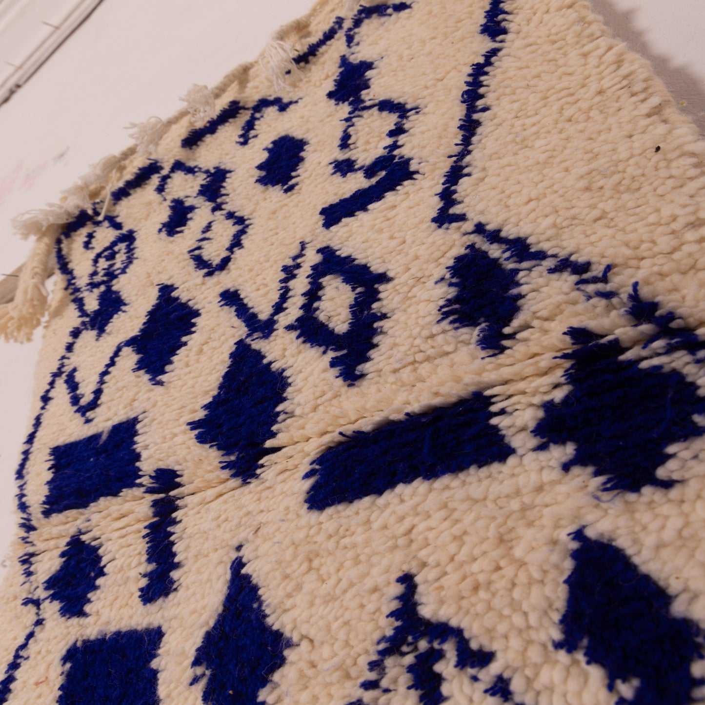 New Handmade Azilal Wool Rug - Blue Geometric Diamonds on Cream - Modern Moroccan Tribal Decor