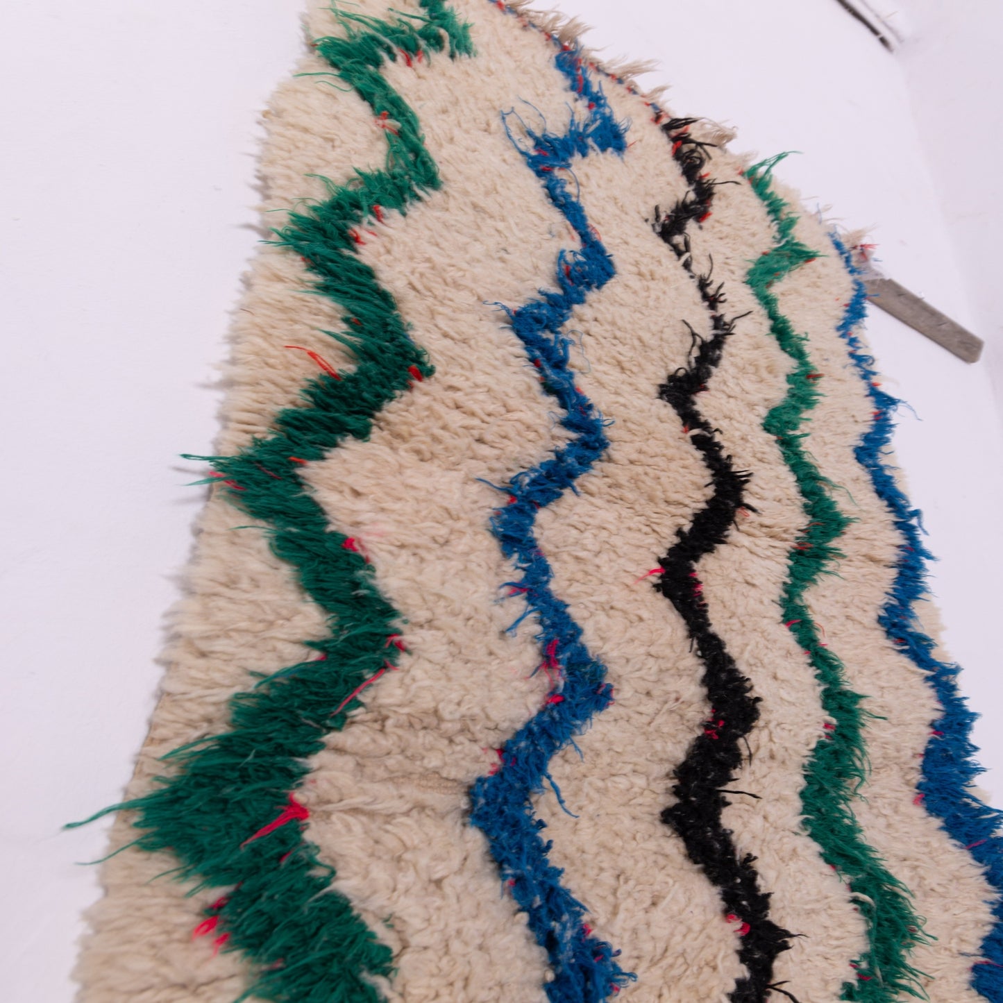 Vintage Azilal Moroccan Rug - Handwoven Wool Runner with Zigzag Pattern - Cream, Green, Blue & Black Berber Carpet
