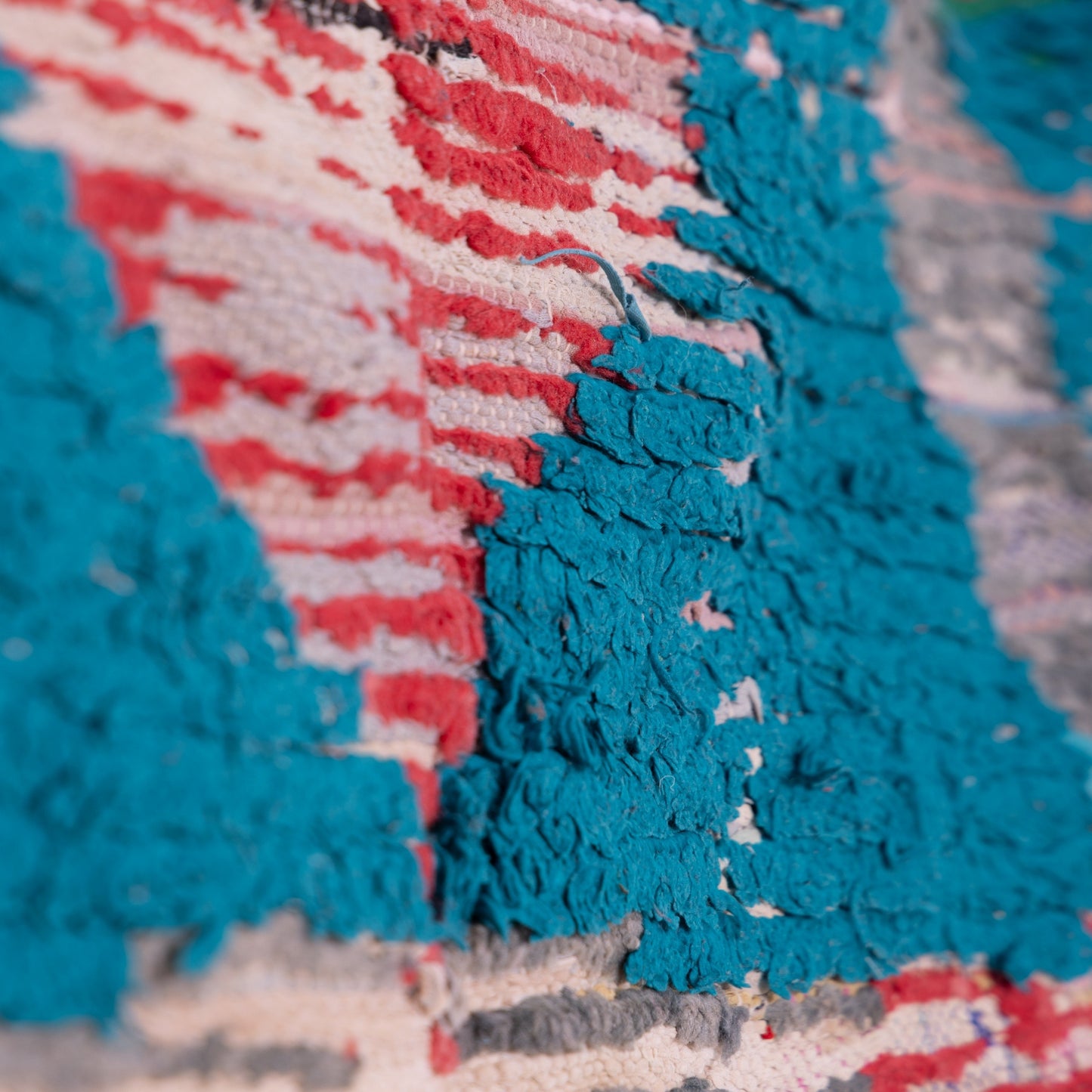 Vintage Moroccan Boucherouite Rug – Handwoven Berber Carpet with Turquoise & Red Abstract Patterns