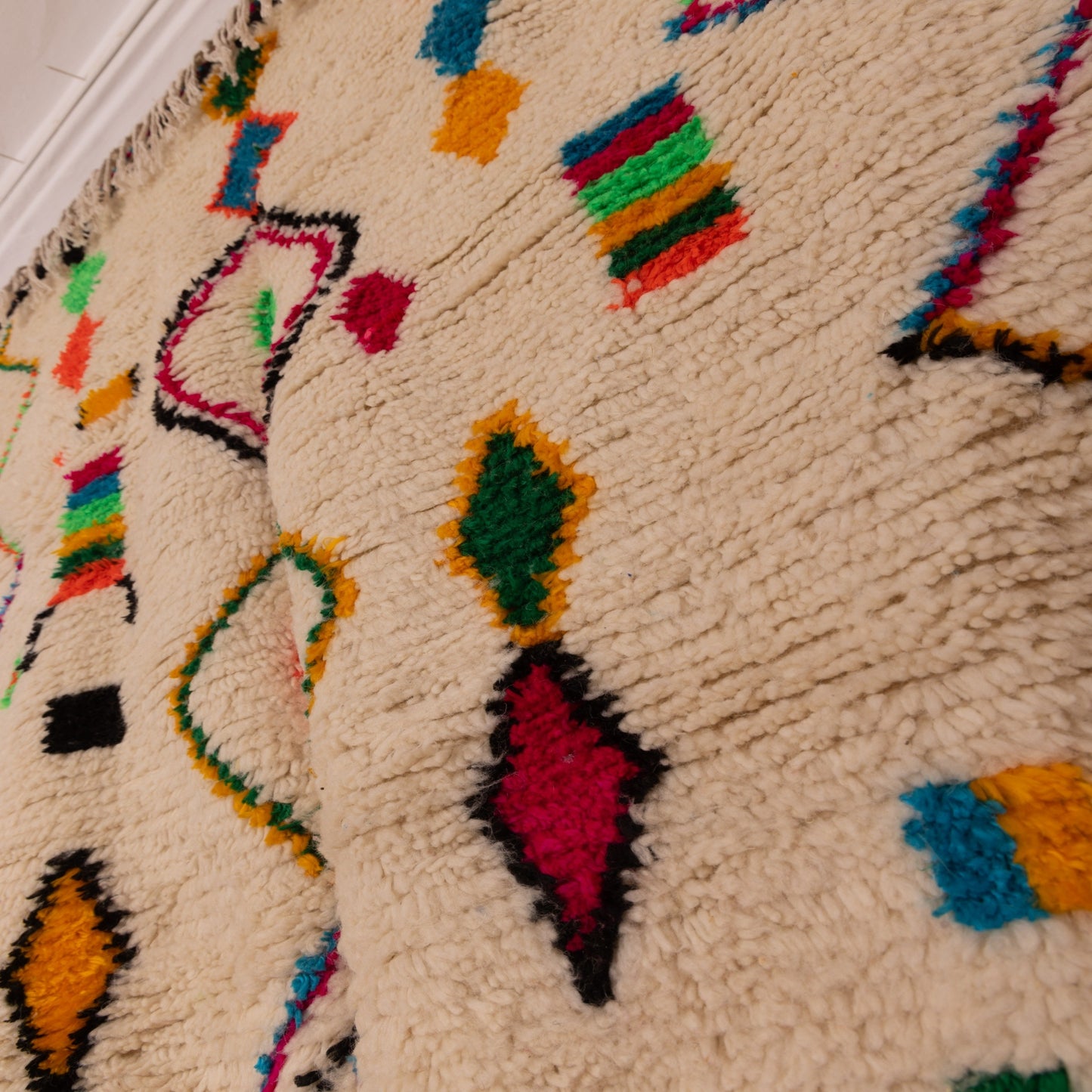 Playful Azilal Rug - Moroccan Handwoven Wool & Cotton Carpet - Bright Geometric Tribal Design - Boho Wall or Floor Decor