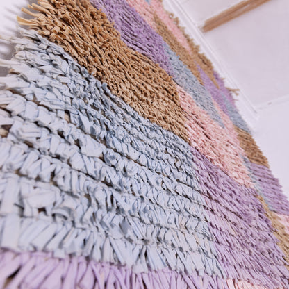 Vintage Moroccan Boucherouite Rug – Soft Pastel Checkerboard Berber Carpet – Handmade Shaggy Boho Rug