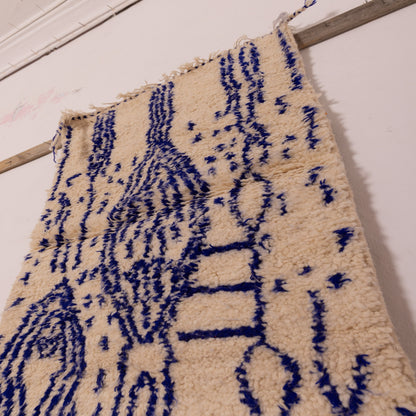 New Handmade Azilal Wool Rug - Abstract Blue Design on Cream - Contemporary Tribal Art for Floor or Wall