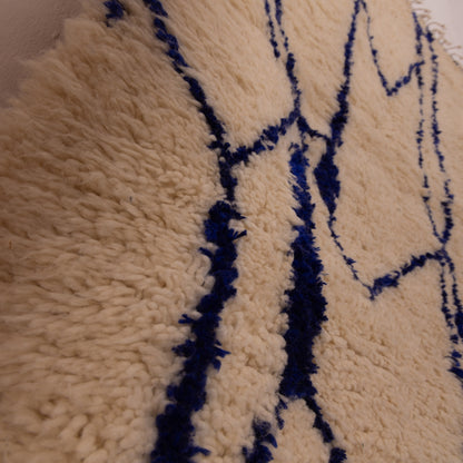Abstract Moroccan Berber Wool Rug - Modern Indigo Blue Line Art on Cream Wool - Handwoven Azilal Style Decor