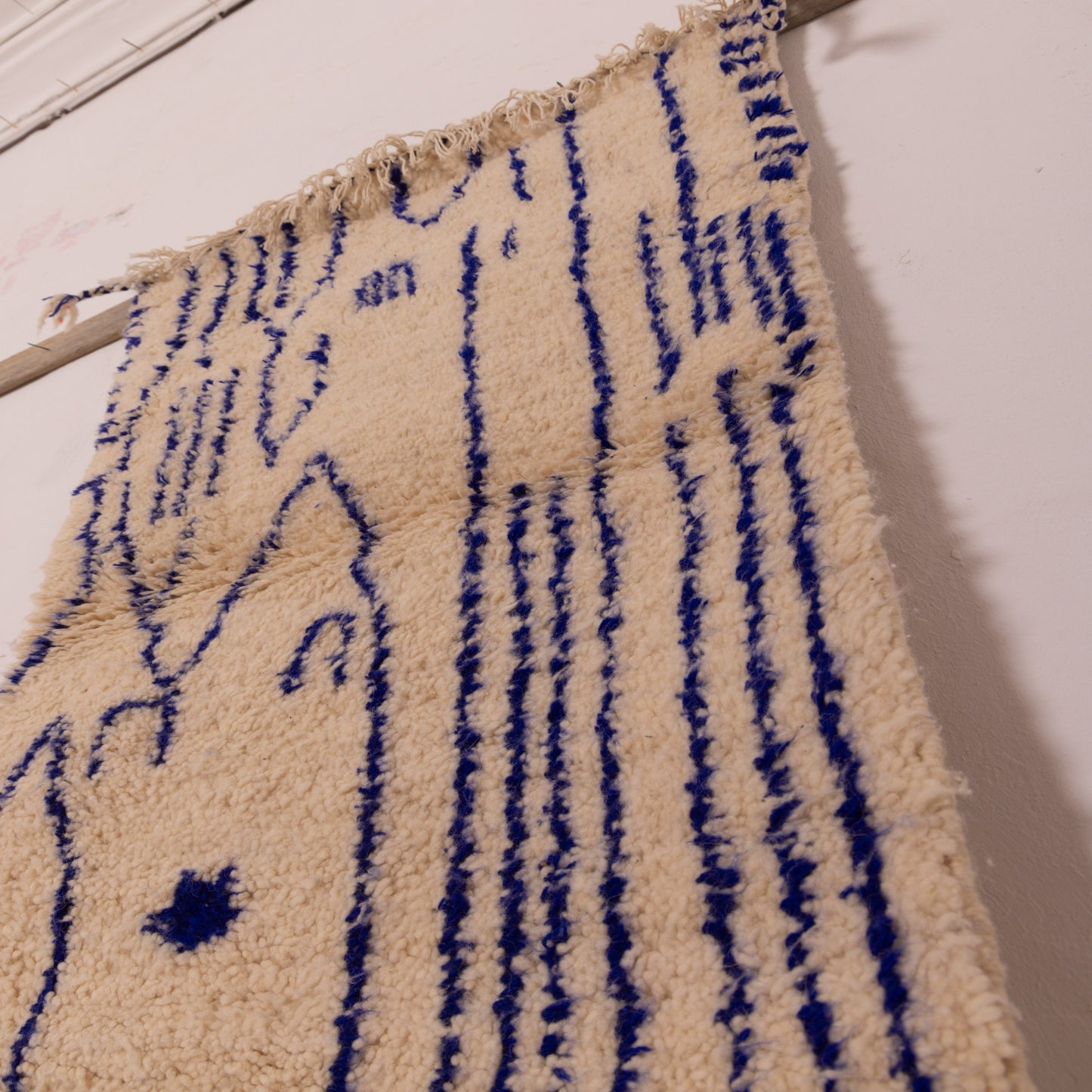 New Handmade Azilal Wool Rug - Abstract Blue Moroccan Design on Cream - Modern Tribal Wall Art or Floor Rug